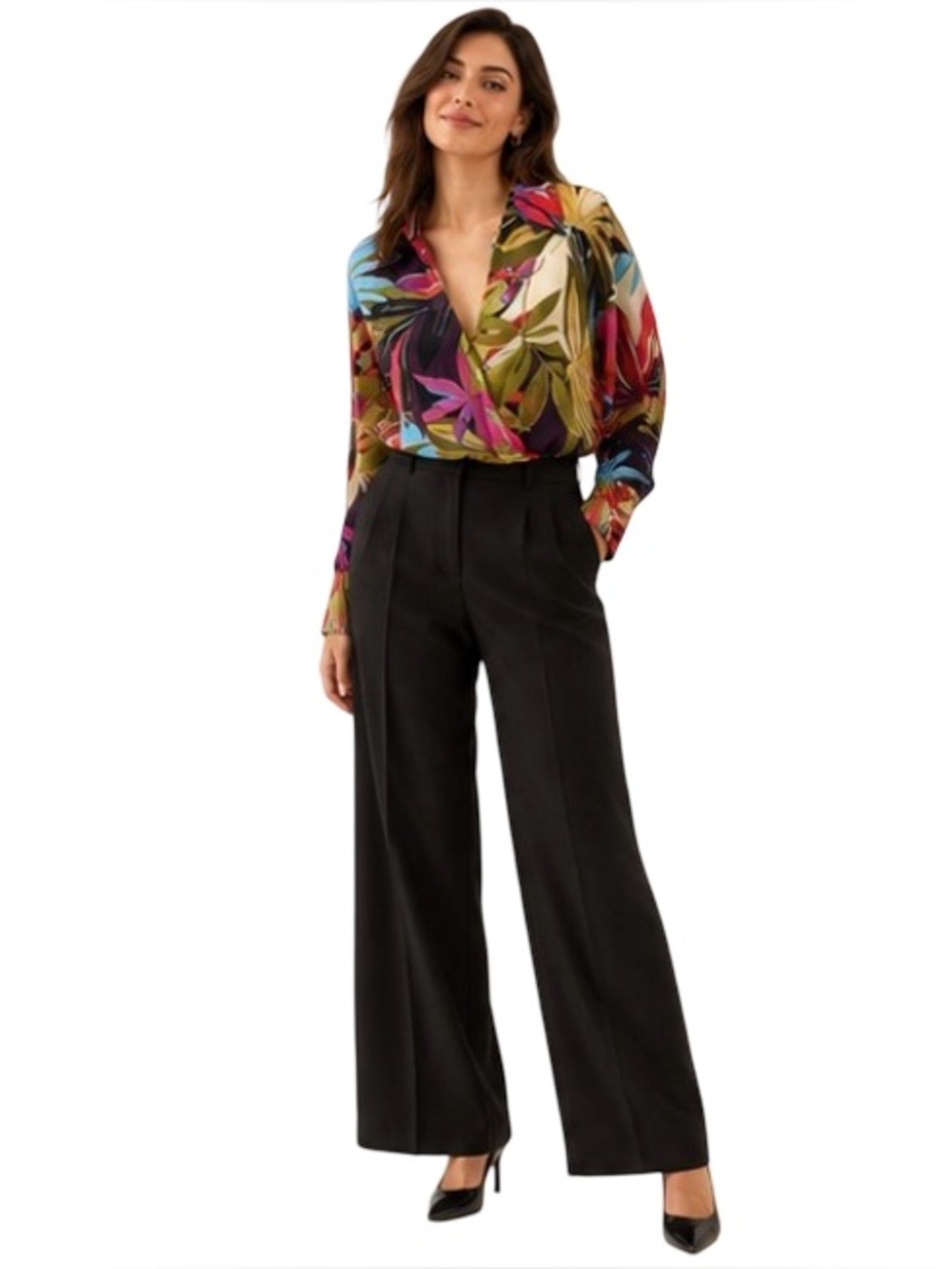 Zara Tropical Leaf Satin Faux Wrap Blouse Multicolor Size Small